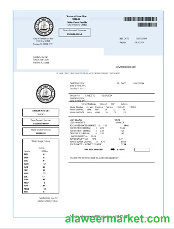 USA Florida water business utility bill template in Word and PDF formats